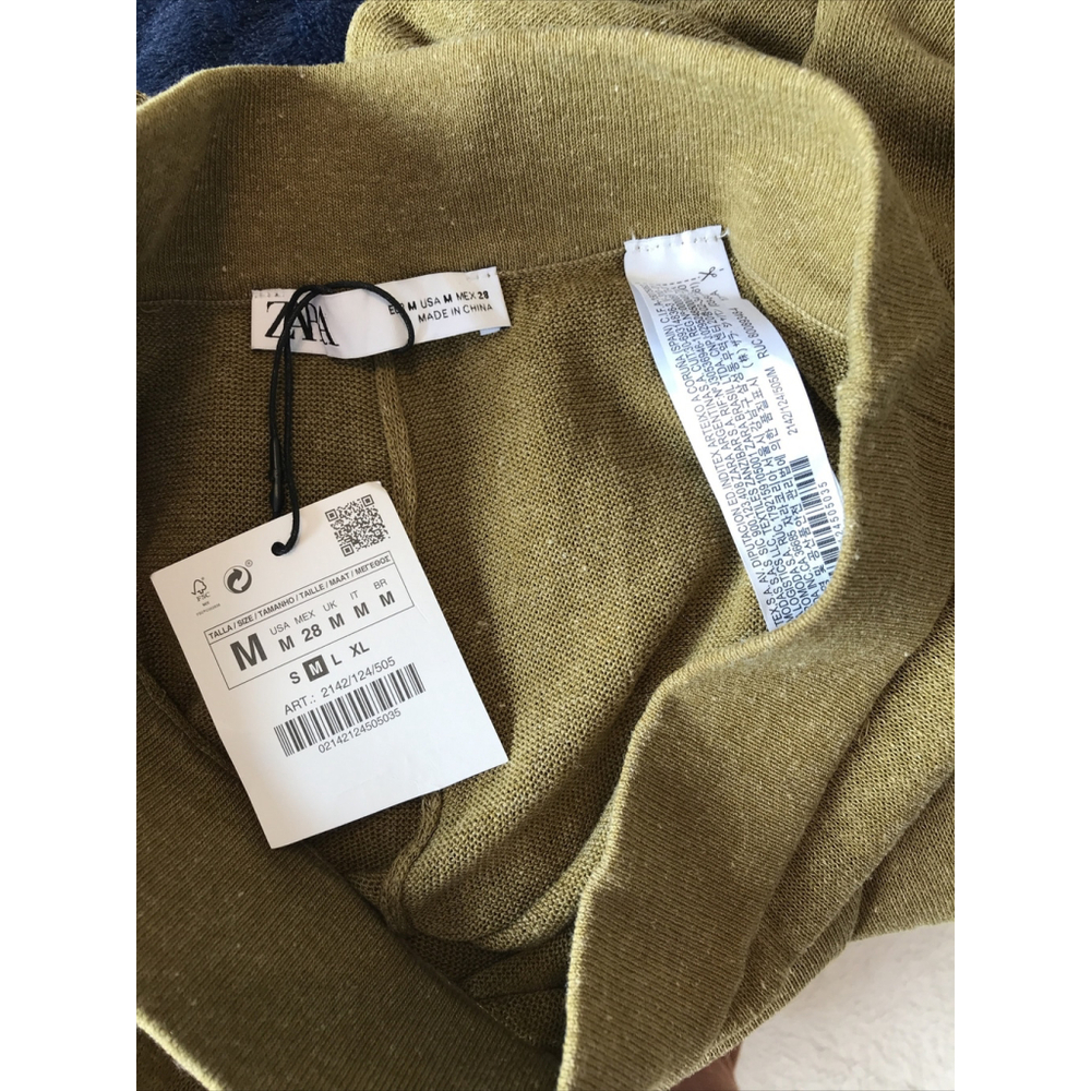 Zara khaki green linen knit flared palazzo pants NWT Size M Semi-Sheer - Picture 7 of 7